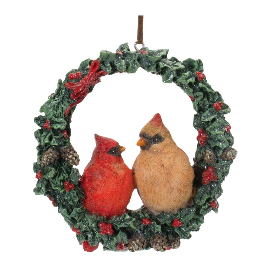Melrose Cardinal Bird Couple Wreath Ornament, Set of 4, Green/Red - 86165DS