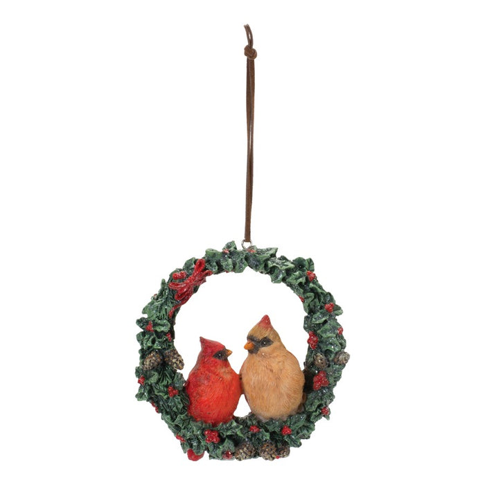 Melrose Cardinal Bird Couple Wreath Ornament, Set of 4, Green/Red