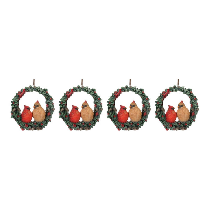 Melrose Cardinal Bird Couple Wreath Ornament, Set of 4, Green/Red