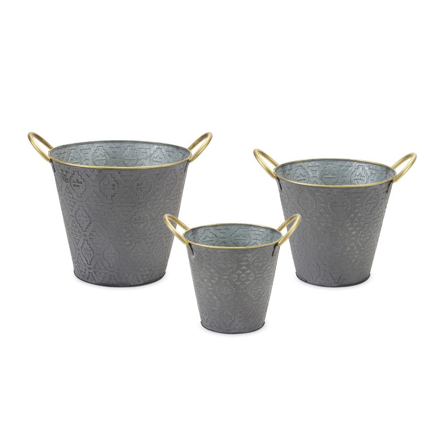 Melrose International Metal Aztec Pail Planter, Set of 3, Grey - 86217DS