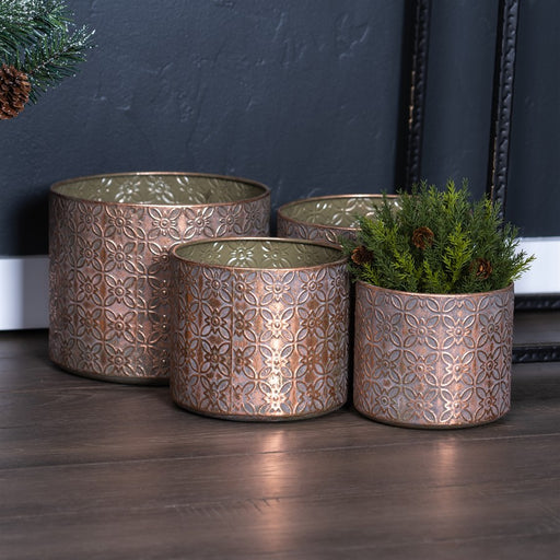 Melrose International Ornate Geometric Metal Planter, Set of 4, Grey