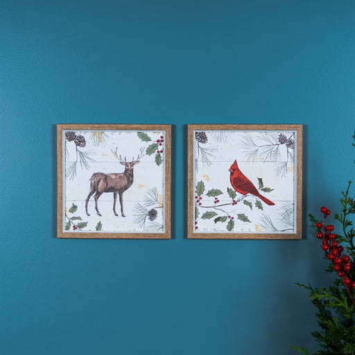 Melrose Framed Deer/Cardinal Bird Wall Art, Set of 2, White/Red/Brown