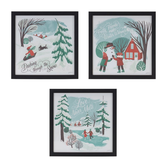 Melrose Framed Winter Scene Wall Art, Set of 3, Blue/White/Red - 86289DS