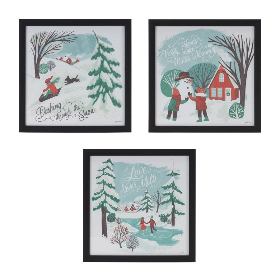 Melrose Framed Winter Scene Wall Art, Set of 3, Blue/White/Red - 86289DS