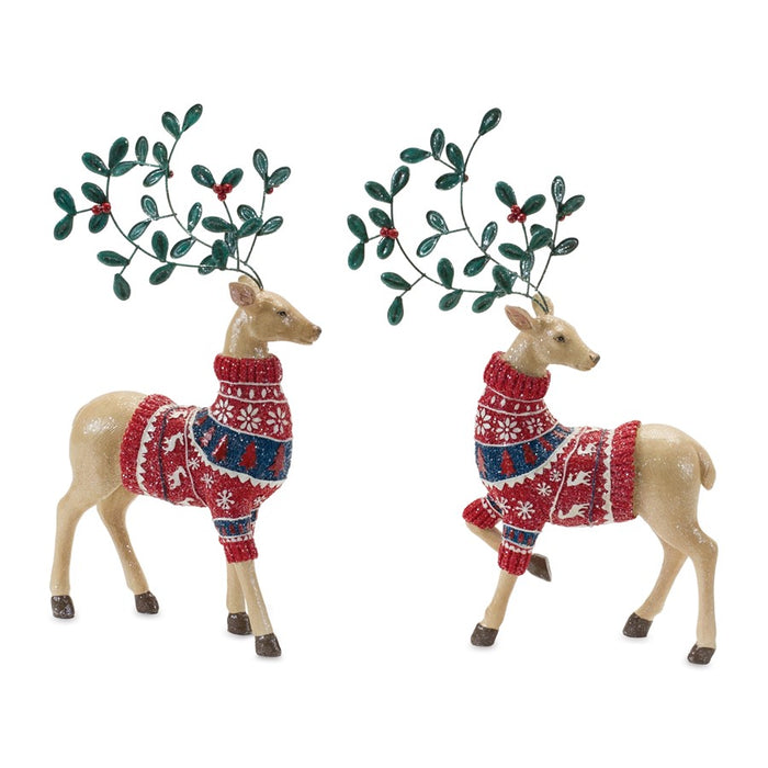 Melrose Mistletoe Antler Deer Figurine, Set of 2, Tan/Green/Red - 86297DS
