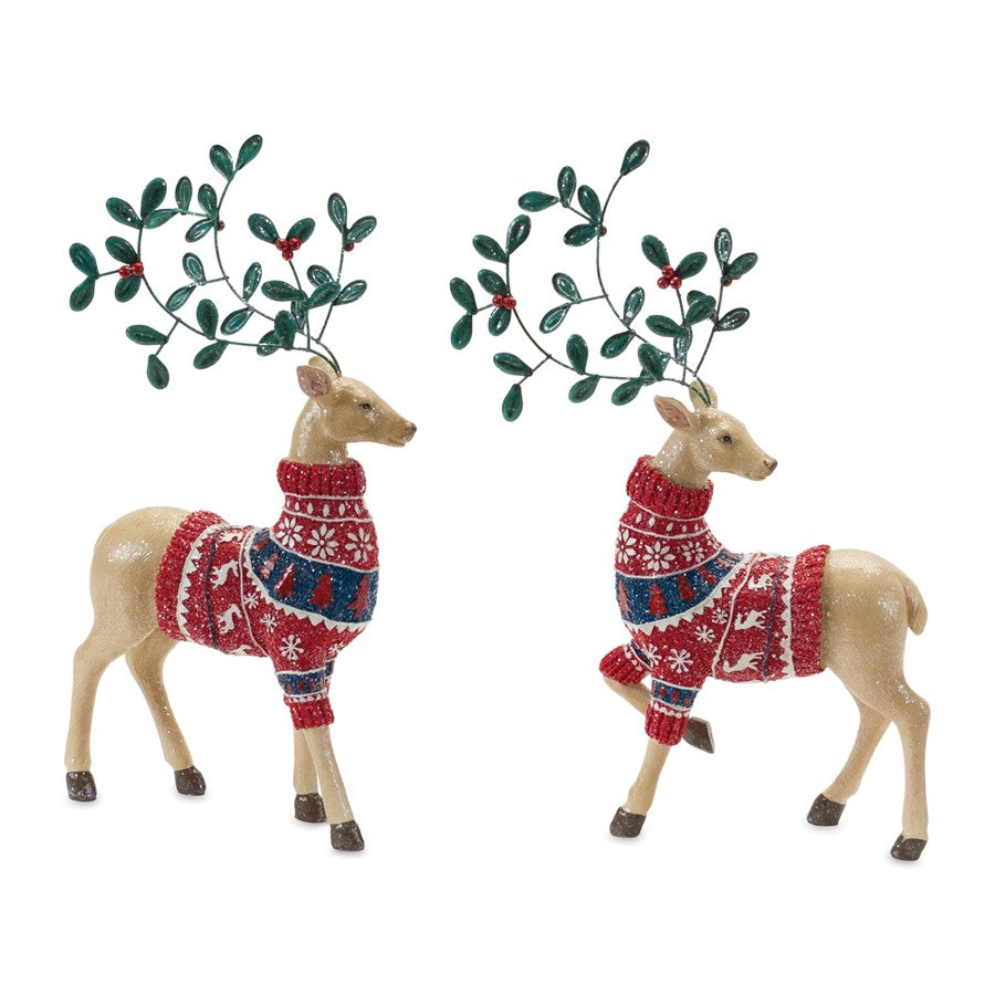 Melrose Mistletoe Antler Deer Figurine, Set of 2, Tan/Green/Red - 86297DS