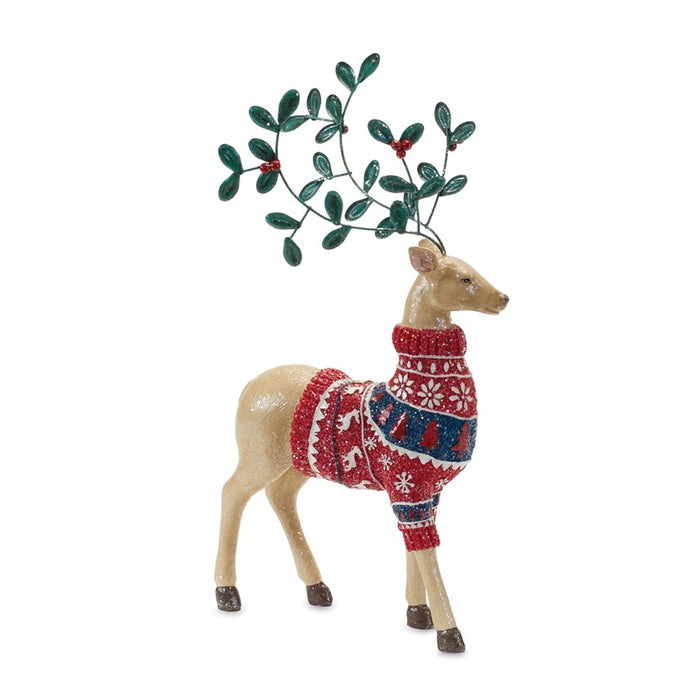 Melrose Mistletoe Antler Deer Figurine, Set of 2, Tan/Green/Red