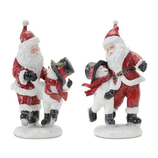 Melrose Skating Santa/Snowman Figurine, Set of 2, Red/White/Green - 86299DS