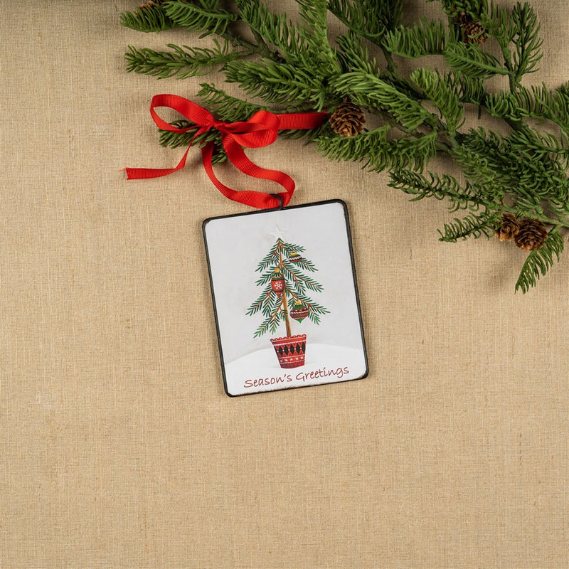 Melrose Seasons Greetings Pine Tree Ornament, Set/12, White/Green/Red