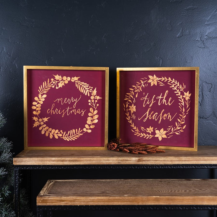 Melrose Framed Holiday Sentiment Sign, Set of 2, Red/Gold/Brown