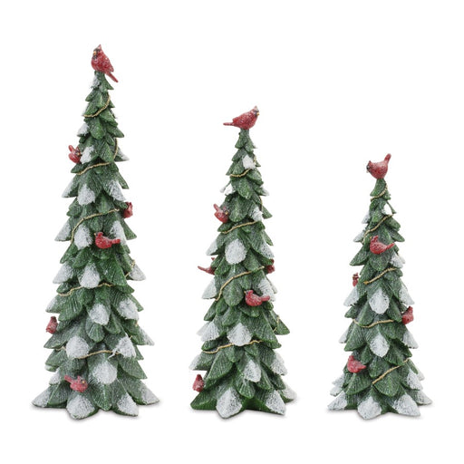 Melrose Frosted Cardinal Pine Tree, Set of 3, White/Green/Red - 86334DS