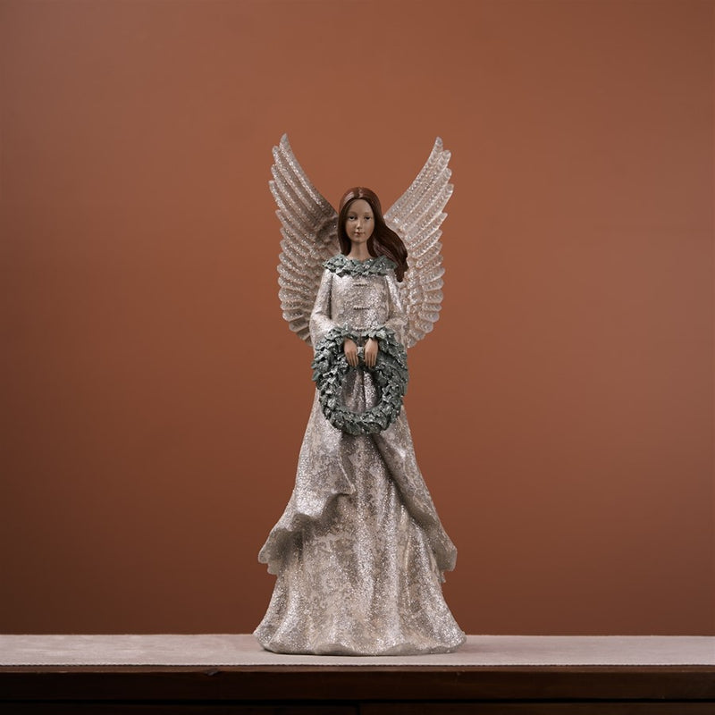 Melrose Winter Angel Figurine/Wreath 18.5"H, Ivory/Brown/Grey