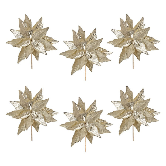 Melrose International Glittered Poinsettia Stem, Set of 6, Gold/Cream