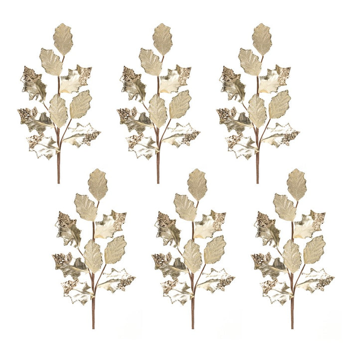 Melrose International Glittered Holly Leaf Spray, Set of 6, Champagne