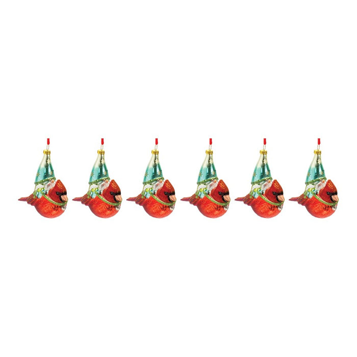 Melrose Glass Gnome/Cardinal Bird Ornament, Set of 6, Red/Green
