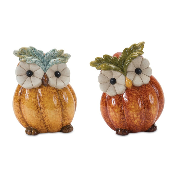 Melrose Terra Cotta Pumpkin, Owl Figurine, Set of 2, White/Orange - 86430DS