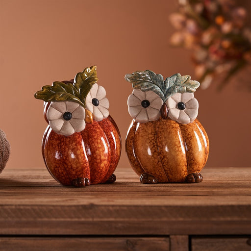 Melrose Terra Cotta Pumpkin, Owl Figurine, Set of 2, White/Orange