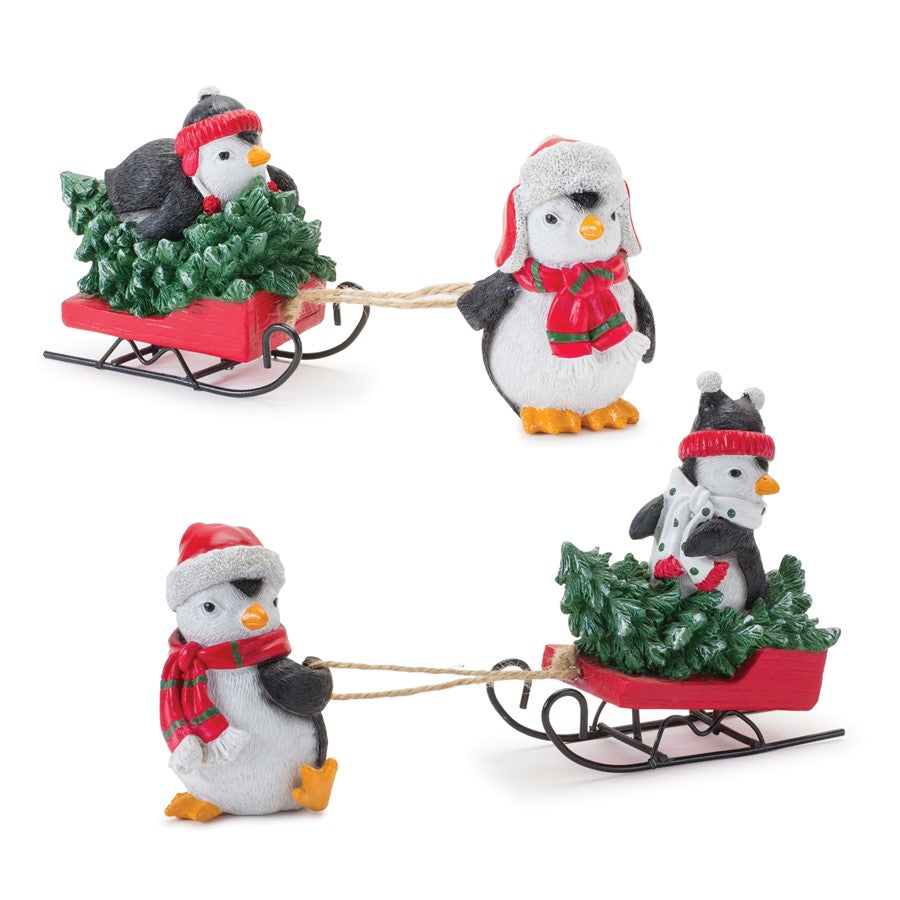 Melrose Playful Penguins/Sled Figurine, Set of 2, Green/Black/Red - 86432DS