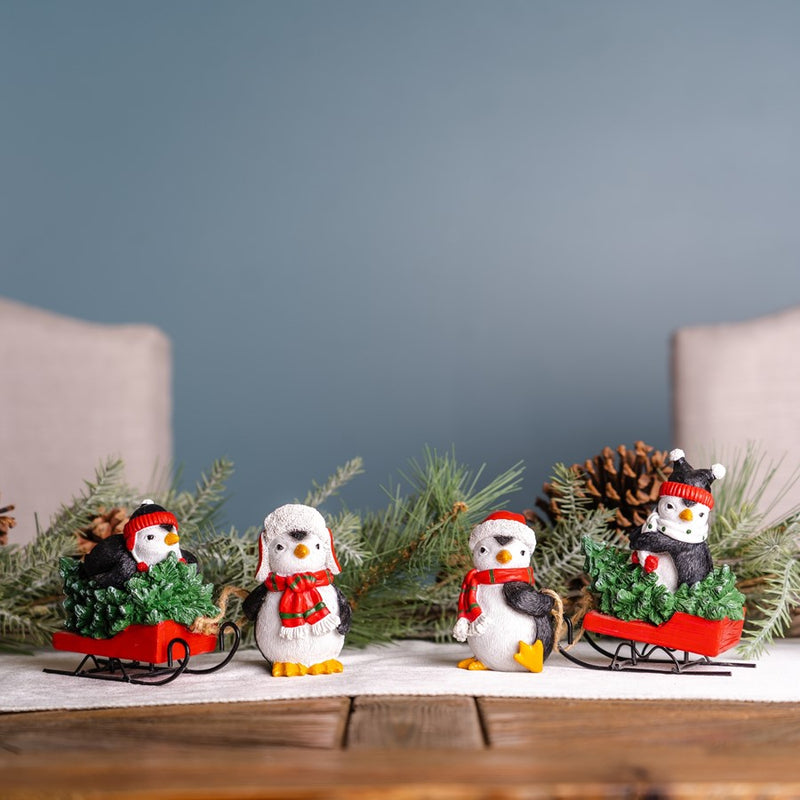 Melrose Playful Penguins/Sled Figurine, Set of 2, Green/Black/Red