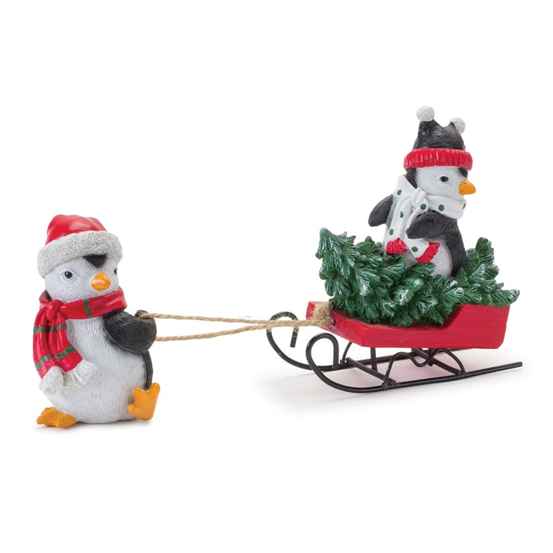 Melrose Playful Penguins/Sled Figurine, Set of 2, Green/Black/Red