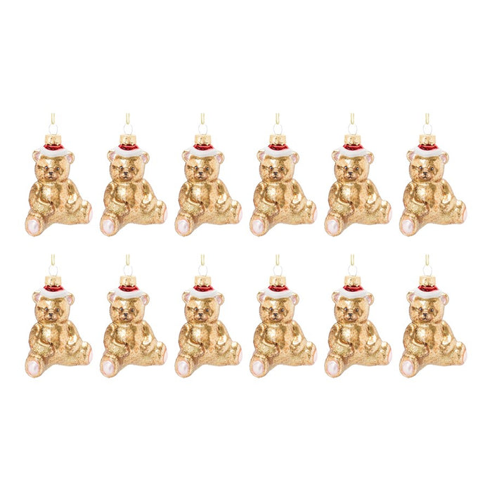 Melrose International Glass Teddy Bear Ornament, Set of 12, Gold/Red