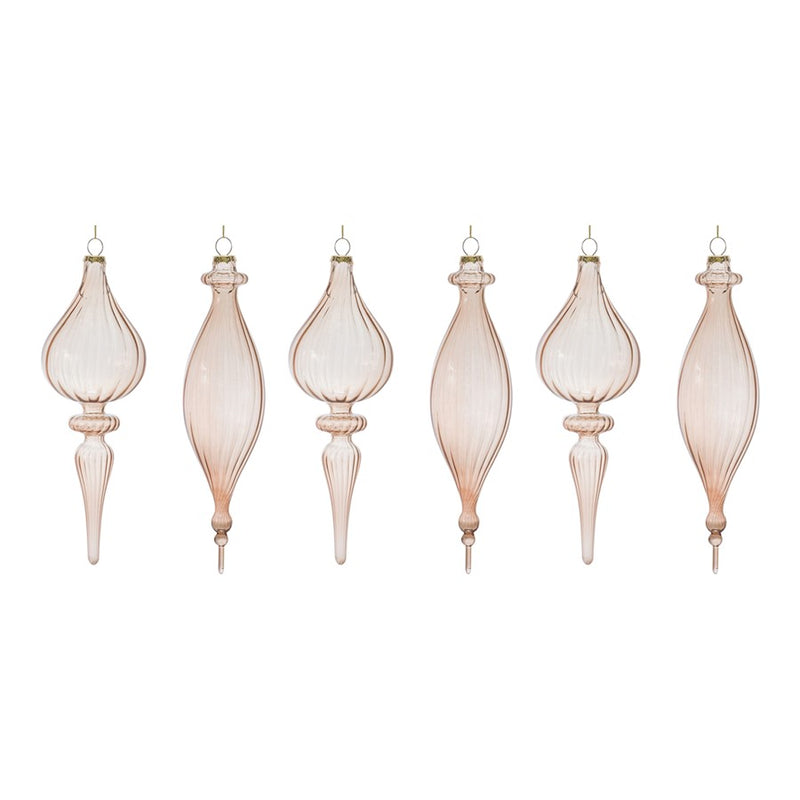 Melrose International Ribbed Glass Finial Ornament, Set of 6, Rose/Gol