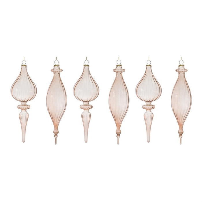 Melrose International Ribbed Glass Finial Ornament, Set of 6, Rose/Gol