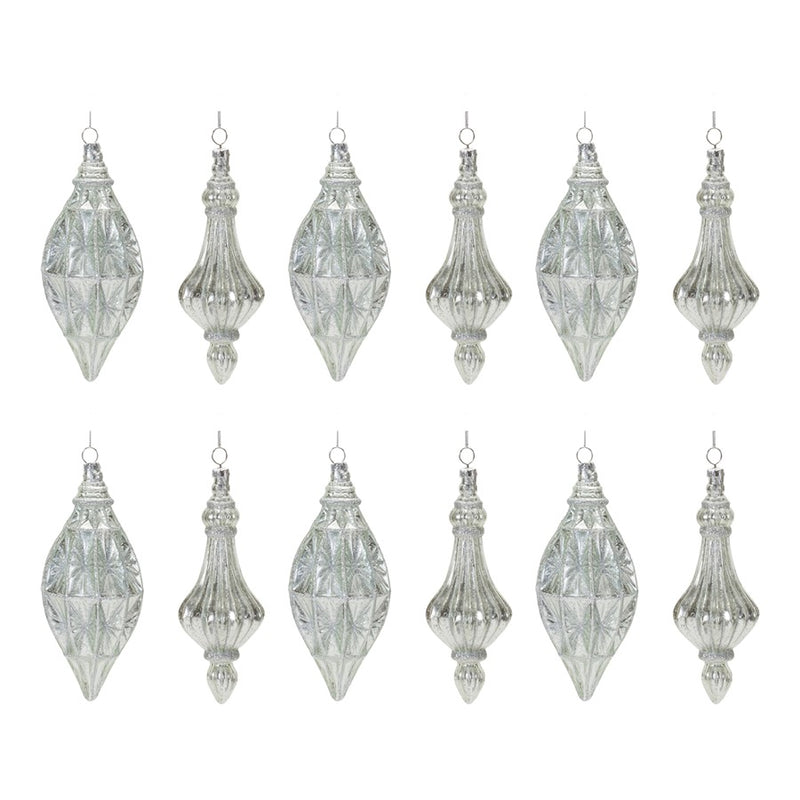Melrose International Glittered Glass Drop Ornament, Set of 12, Silver