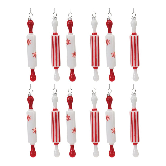 Melrose International Glass Rolling P, Ornament, Set of 12, Red/White