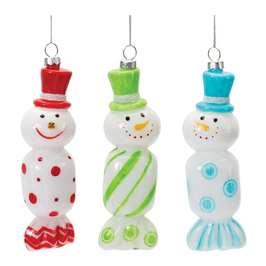 Melrose Glass Snowman Candy Ornament, Set of 12, Green/Red/Blue - 86478DS