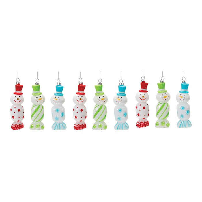 Melrose Glass Snowman Candy Ornament, Set of 12, Green/Red/Blue
