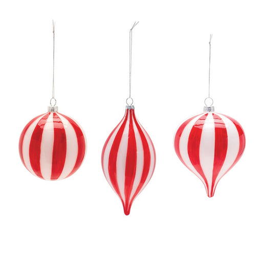Melrose International Striped Glass Ornament, Set of 6, White/Red