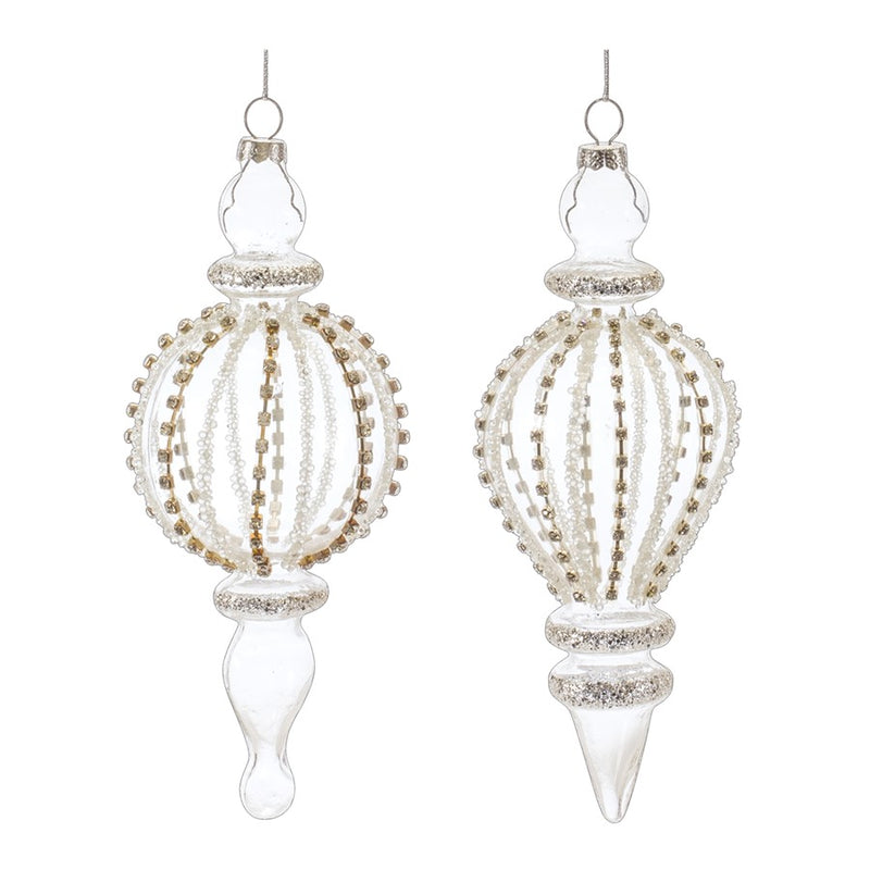 Melrose Jeweled Glass Finial Drop Ornament, Set of 6, White/Silver - 86484DS