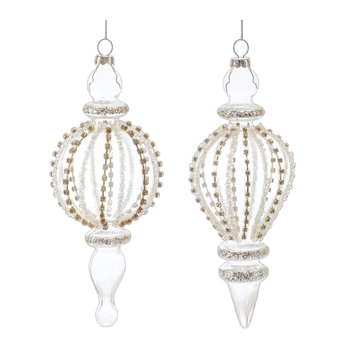 Melrose Jeweled Glass Finial Drop Ornament, Set of 6, White/Silver - 86484DS