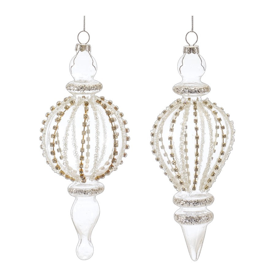 Melrose Jeweled Glass Finial Drop Ornament, Set of 6, White/Silver - 86484DS