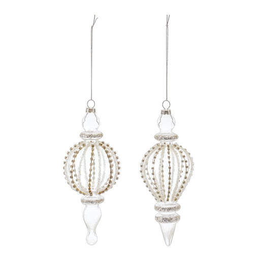 Melrose Jeweled Glass Finial Drop Ornament, Set of 6, White/Silver