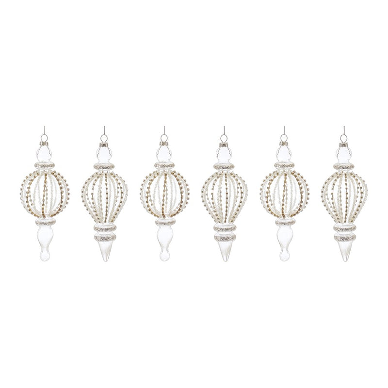 Melrose Jeweled Glass Finial Drop Ornament, Set of 6, White/Silver