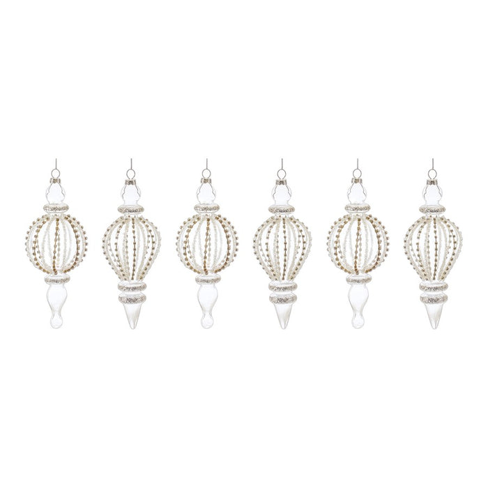 Melrose Jeweled Glass Finial Drop Ornament, Set of 6, White/Silver