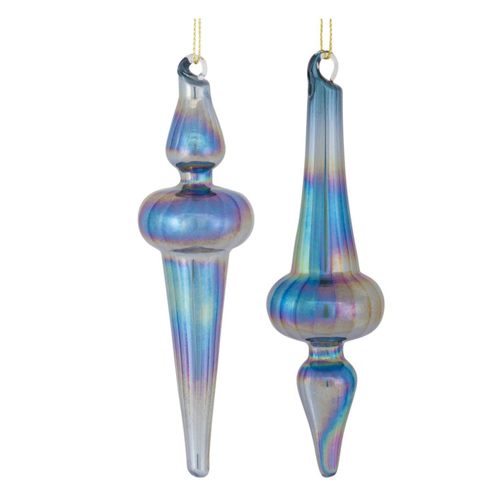 Melrose Irridescent Glass Finial Drop Ornament, Set of 12, Blue - 86493DS