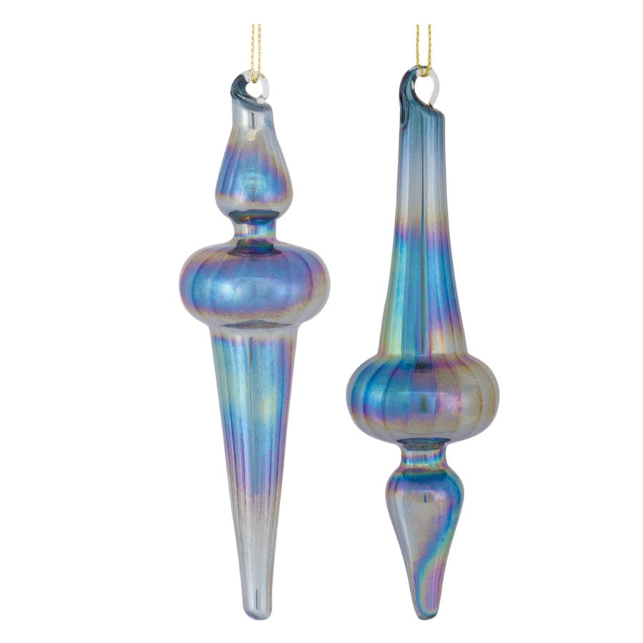 Melrose Irridescent Glass Finial Drop Ornament, Set of 12, Blue - 86493DS