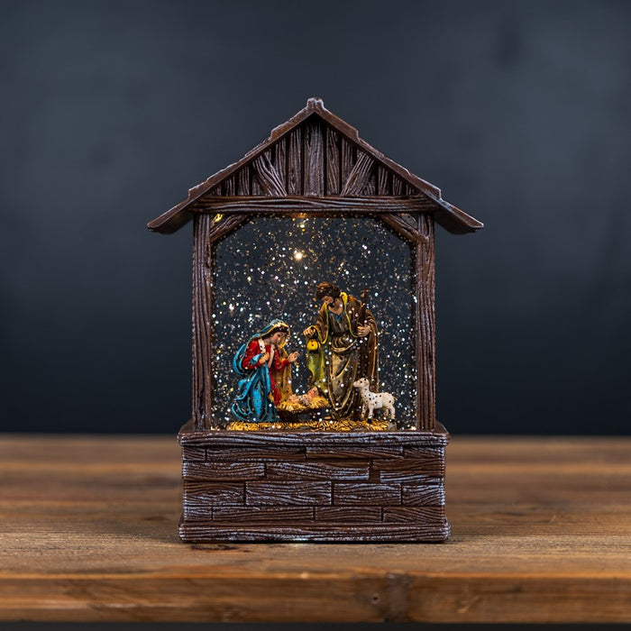 Melrose International LED Snow Globe Nativity Barn 8.25"H, Brown/White