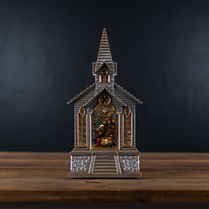 Melrose LED Snow Globe Church/Nativity 8.25"H, Silver/Gold