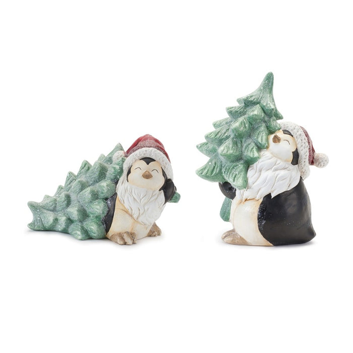 Melrose Holiday Pengu,/Pine Tree Figurine, Set of 2, Green/White - 86507DS