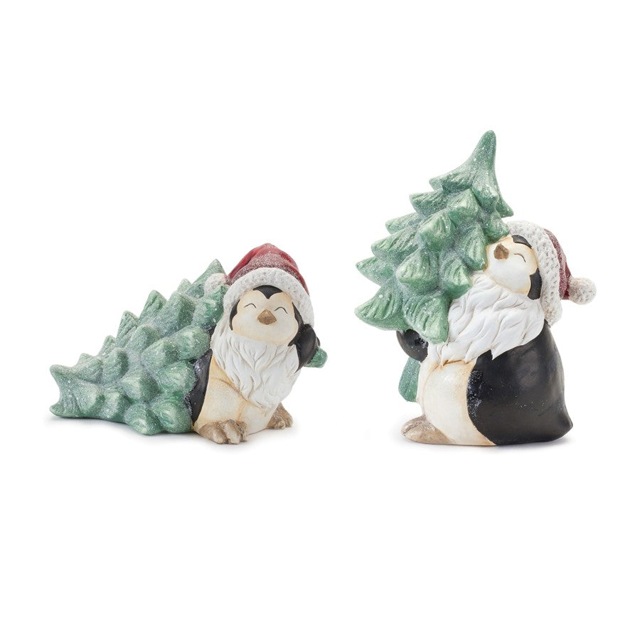 Melrose Holiday Pengu,/Pine Tree Figurine, Set of 2, Green/White - 86507DS