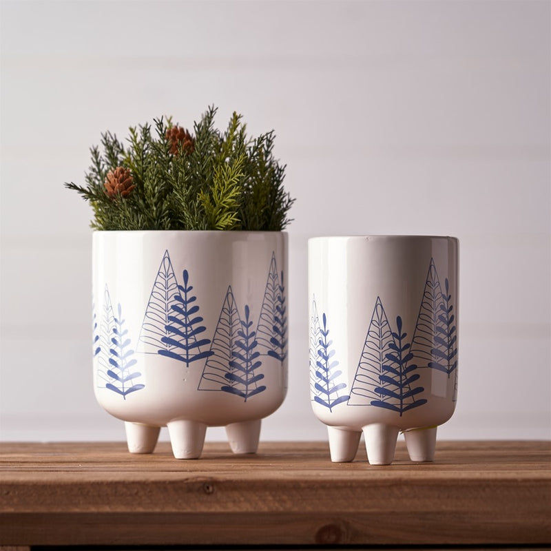 Melrose Modern Pine Tree Planter/Legs, Set of 2, White/Blue