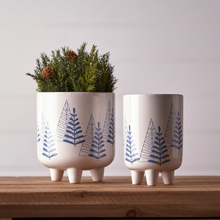 Melrose Modern Pine Tree Planter/Legs, Set of 2, White/Blue