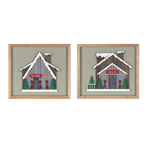 Melrose International Framed Ski Lodge Wall Art, Set of 4, Brown/White - 86514DS