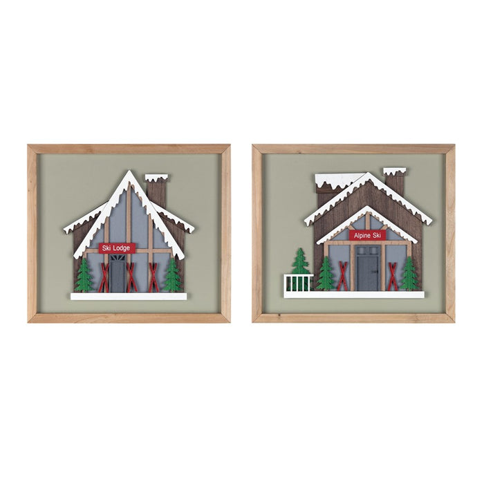 Melrose International Framed Ski Lodge Wall Art, Set of 4, Brown/White - 86514DS