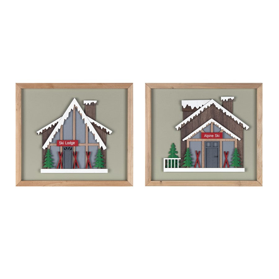 Melrose International Framed Ski Lodge Wall Art, Set of 4, Brown/White - 86514DS