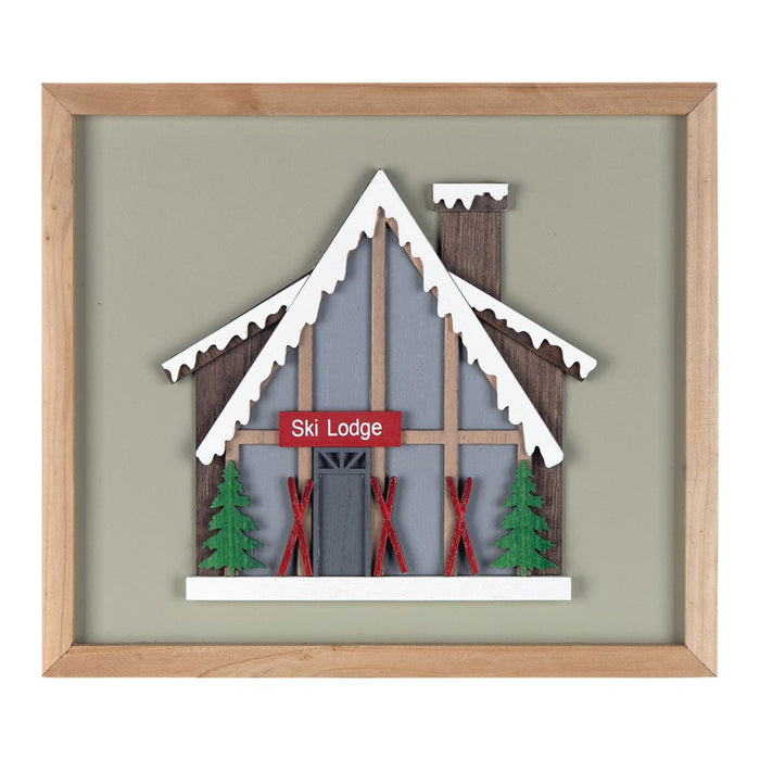 Melrose International Framed Ski Lodge Wall Art, Set of 4, Brown/White